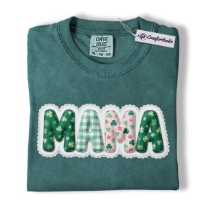 St Patrick’s Day Mama Shirt, Shamrock Patchwork Letter Graphic Tee, Cute Irish Mom T-Shirt, St Patrick’s Day Gift for Mom, Comfort Colors Shirt