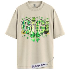 St Patrick’s Day Gigi Shirt, Lucky Shamrock Bow Graphic Tee, Irish Grandma Clover T-Shirt, St Paddy’s Day Gift for Gigi, Comfort Colors Shirt