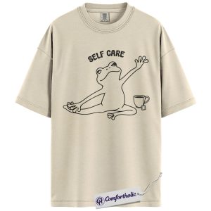 Self Care Frog Shirt, Cute Yoga Line Art Graphic Tee, Mindfulness Tea Lover T-Shirt, Funny Mental Health Humor Gift for Women, Comfort Colors Shirt