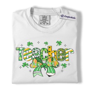 Alternative view of St Patrick’s Day Teacher Shirt, Lucky Shamrock Bow Graphic Tee, Classroom Teacher T-Shirt, St Patty’s Day Gift for Teachers, Comfort Colors Shirt