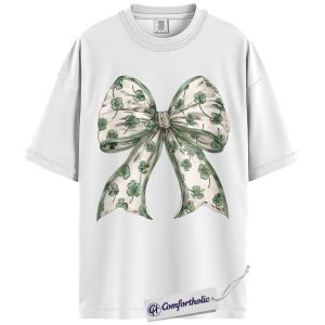 Alternative view of St Patrick's Day Bow Shirt, Shamrock Coquette Ribbon Graphic Tee, Lucky Irish Clover T-Shirt, St Paddy's Day Gift for Women Girls & Friends, Comfort Colors Shirt