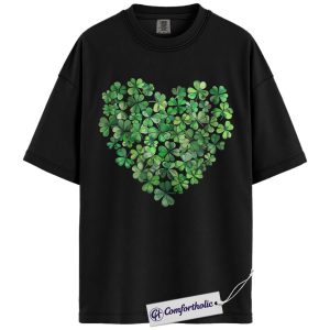 Shamrock Heart Shirt, Clover Leaf St Patrick's Day Graphic Tee, Lucky Irish Green T-Shirt, St Paddy's Day Gift for Women Friends & Family, Comfort Colors Shirt