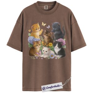 Cute Kittens Shirt, Floral Kitten Graphic Tee, Cat Lover T-Shirt, Gift for Cat Moms, Comfort Colors Shirt