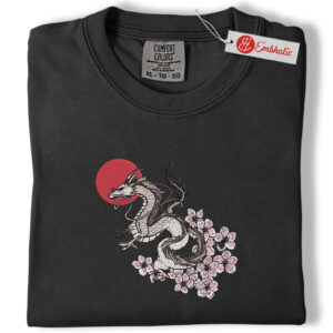 Alternative view of Sakura Dragon Embroidered Shirt, Japanese Mythology Shirt, Sakura Embroidered Tee, Comfort Colors Shirt