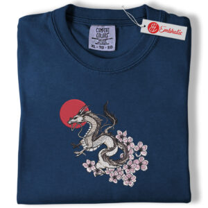 Sakura Dragon Embroidered Shirt, Japanese Mythology Shirt, Sakura Embroidered Tee, Comfort Colors Shirt