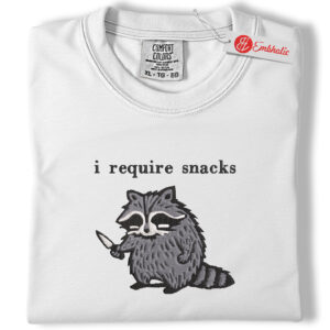 I Require Snacks Raccoon Embroidered Shirt, Goblincore Animal Lover Shirt, Animated Embroidered Tee, Comfort colors Shirt