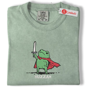 Huzzah Frog with Sword Embroidered Shirt, Medieval Frog Shirt, Animated Embroidered Tee, Comfort colors Shirt