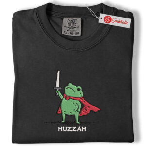 Alternative view of Huzzah Frog with Sword Embroidered Shirt, Medieval Frog Shirt, Animated Embroidered Tee, Comfort colors Shirt