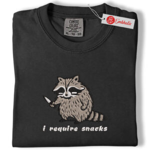 Alternative view of I Require Snacks Raccoon Embroidered Shirt, Goblincore Animal Lover Shirt, Animated Embroidered Tee, Comfort colors Shirt