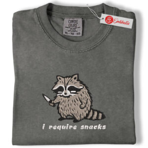 I Require Snacks Raccoon Embroidered Shirt, Goblincore Animal Lover Shirt, Animated Embroidered Tee, Comfort colors Shirt