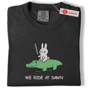 Alternative view of We Ride at Dawn Bunny and Alligator Embroidered Shirt, Funny Ren Faire Shirt, Whimsical Animal Top Embroidered Tee, Comfort colors Shirt