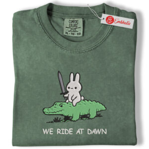 We Ride at Dawn Bunny and Alligator Embroidered Shirt, Funny Ren Faire Shirt, Whimsical Animal Top Embroidered Tee, Comfort colors Shirt