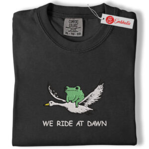 Alternative view of We Ride at Dawn Embroidered Shirt, Funny Frog and Goose Shirt, Chaotic Animal Shirt, Animated Embroidered Tee, Comfort colors Shirt