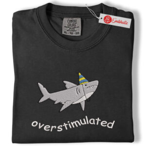 Alternative view of Overstimulated Party Hat Shark Embroidered Shirt, Funny Weirdcore Summer Shirt, Neurodivergent Shark Shirt, Animated Embroidered Tee, Comfort colors Shirt