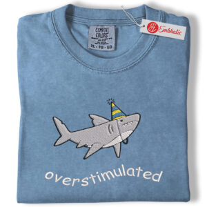 Overstimulated Party Hat Shark Embroidered Shirt, Funny Weirdcore Summer Shirt, Neurodivergent Shark Shirt, Animated Embroidered Tee, Comfort colors Shirt