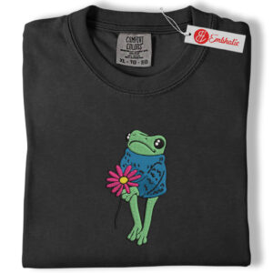 Alternative view of Flower Frog Embroidered Shirt, Cute Amphibian Shirt, I Like Frogs Shirt, Animated Embroidered Tee, Comfort colors Shirt