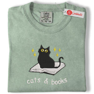 Black Cat And Book Embroidered Shirt, Animated Embroidered Tee, Comfort colors Shirt