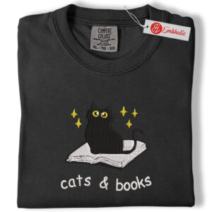 Alternative view of Black Cat And Book Embroidered Shirt, Animated Embroidered Tee, Comfort colors Shirt