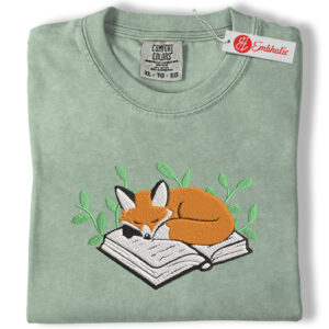 Fox Sleeping on a Book Embroidered, Cozy Reader Fall Shirt, Minimalist Embroidered Tee, Comfort Colors Shirt