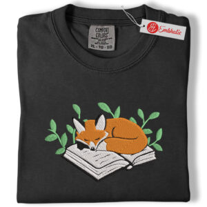 Alternative view of Fox Sleeping on a Book Embroidered, Cozy Reader Fall Shirt, Minimalist Embroidered Tee, Comfort Colors Shirt