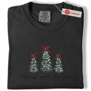 Alternative view of Merry and Bright Embroidered Shirt, Christmas Tree Shirt, Pine-Tree Shirt, Merry Xmas Embroidered Tee, Comfort colors Shirt