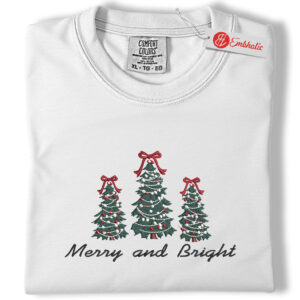 Merry and Bright Embroidered Shirt, Christmas Tree Shirt, Pine-Tree Shirt, Merry Xmas Embroidered Tee, Comfort colors Shirt