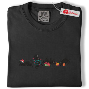 Alternative view of Christmas Cat Embroidered Shirt, Christmas Shirt, Minimalist Christmas Embroidered Tee, Comfort colors Shirt