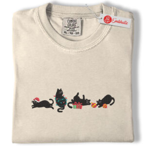 Christmas Cat Embroidered Shirt, Christmas Shirt, Minimalist Christmas Embroidered Tee, Comfort colors Shirt