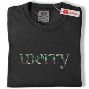 Alternative view of Floral Merry Christmas Embroidered Shirt, Christmas Shirt, Minimalist Christmas Embroidered Tee, Comfort colors Shirt