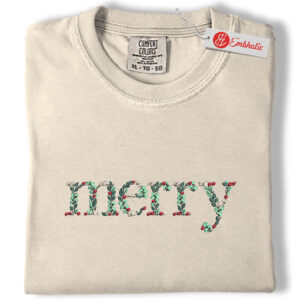 Floral Merry Christmas Embroidered Shirt, Christmas Shirt, Minimalist Christmas Embroidered Tee, Comfort colors Shirt