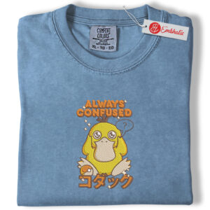 Psyduck Always Confused Embroidered Shirt, Pokemon Shirt, Funny Anime Embroidered Tee, Comfort Colors Shirt