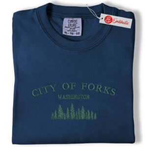 Alternative view of City of Forks Embroidered Shirt, Washington Forest Shirt, Minimalist Christmas Embroidered Tee, Comfort colors Shirt