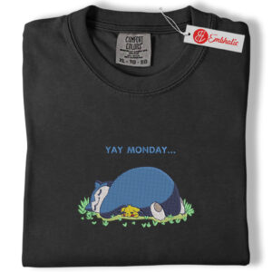 Alternative view of Yay Monday Snorlax & Pikachu Embroidered Shirt,, Pokemon Shirt,  Anime Embroidered Tee, Comfort Colors Shirt