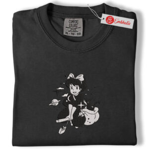 Alternative view of Kiki & Jiji Flying Broom Embroidered Shirt, Kiki’s Delivery Service Shirt, Anime Embroidered Tee, Comfort Colors Shirt
