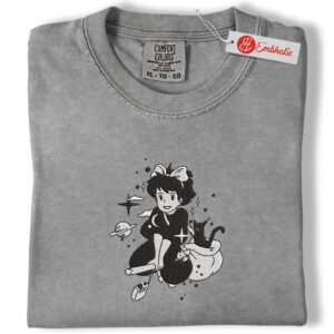 Kiki & Jiji Flying Broom Embroidered Shirt, Kiki’s Delivery Service Shirt, Anime Embroidered Tee, Comfort Colors Shirt