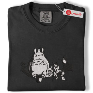 Alternative view of Totoro Fishing Scene Embroidered Shirt, Ghibli Shirt, Cozy Anime Embroidered Tee, Comfort Colors Shirt