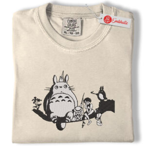 Totoro Fishing Scene Embroidered Shirt, Ghibli Shirt, Cozy Anime Embroidered Tee, Comfort Colors Shirt