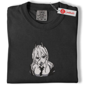Alternative view of Power Horns Embroidered Shirt, Chainsaw Man Shirt, Anime Embroidered Tee, Comfort Colors Shirt