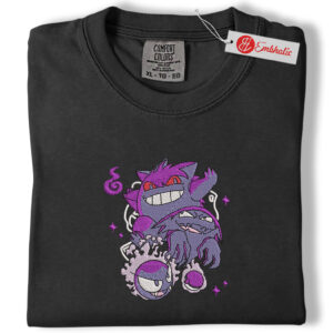 Alternative view of Gengar Ghost Trio Embroidered Shirt, PKM Shirt, Spooky Anime Embroidered Tee, Comfort Colors Shirt