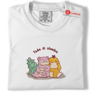 Slowpoke Psyduck Chill Embroidered Shirt, PKM Shirt, Funny Anime Embroidered Tee, Comfort Colors Shirt
