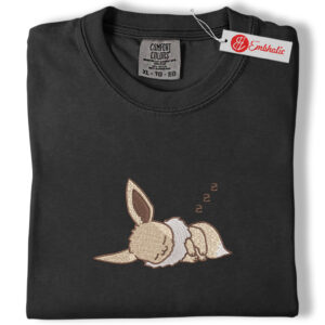 Alternative view of Sleeping Eevee Embroidered Shirt, PKM Shirt, Cute Anime Embroidered Tee, Comfort Colors Shirt