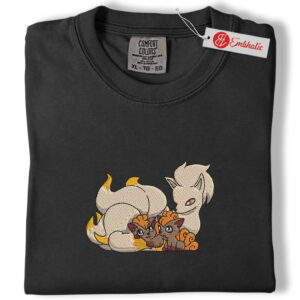 Alternative view of Ninetales Vulpix Family Embroidered Shirt, PKM Shirt, Cute Anime Embroidered Tee, Comfort Colors Shirt