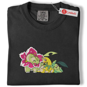 Alternative view of Chikorita, Bayleef & Meganium Embroidered Shirt, PKM Shirt, Anime Embroidered Tee, Comfort Colors Shirt