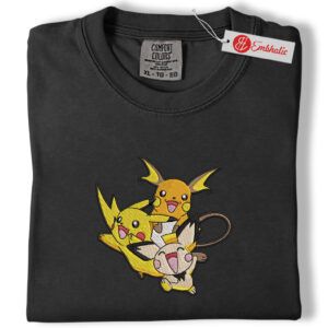 Alternative view of Pikachu, Raichu & Pichu Embroidered Shirt, PKM Shirt, Anime Embroidered Tee, Comfort Colors Shirt